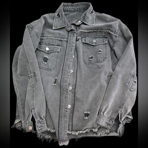 Distressed Black Denim Jacket - Frayed Hem & Pocket Details